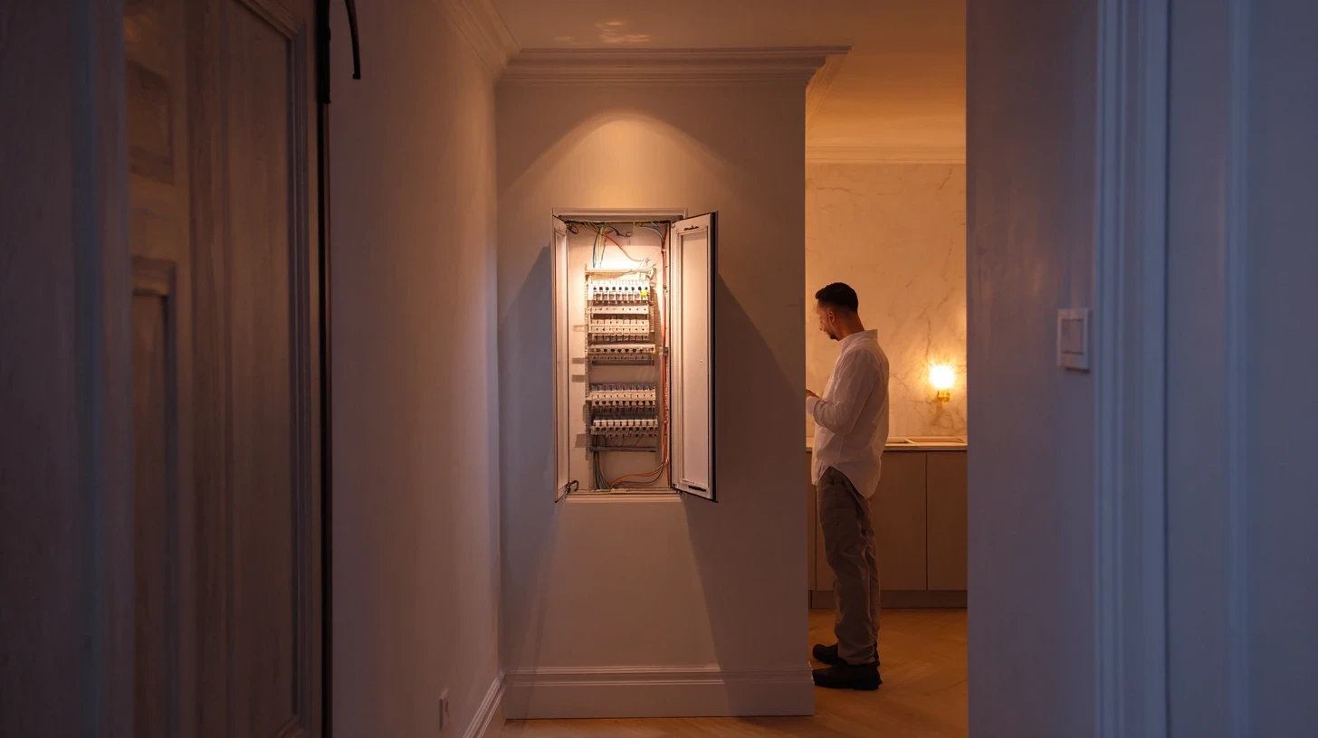 Électricien en train d'inspecter un tableau électrique lors d'une rénovation complète dans une maison à Gaillac