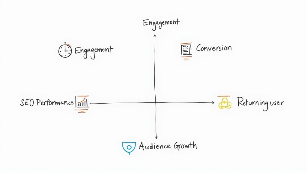 A dashboard showing various content marketing metrics