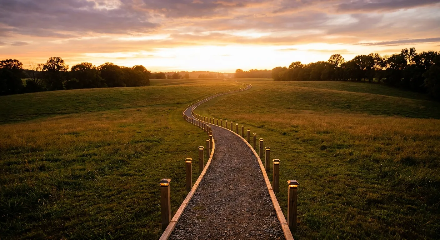 Sunset path in a lush field, RockN' Socials Digital Marketing Agency.