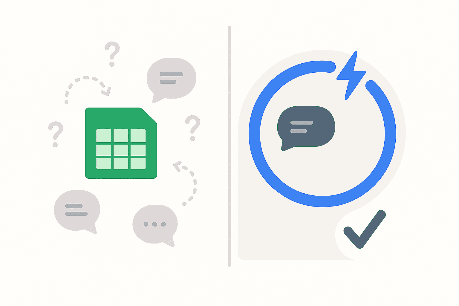 Comparison illustration showing chaotic spreadsheet feedback tracking versus streamlined modern feedback management workflow.