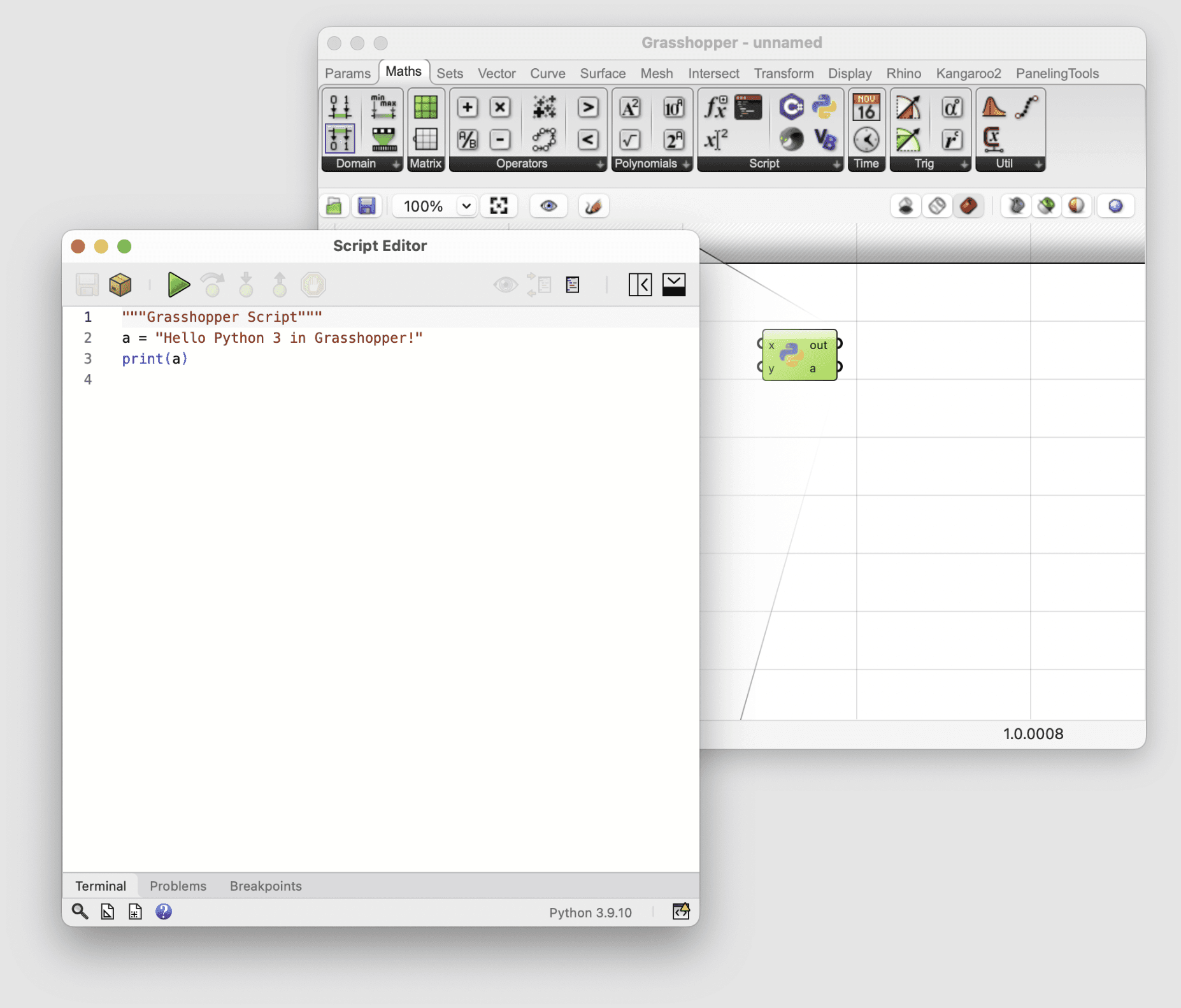 Grasshopper canvas with a Python 3 component and its Script Editor open.