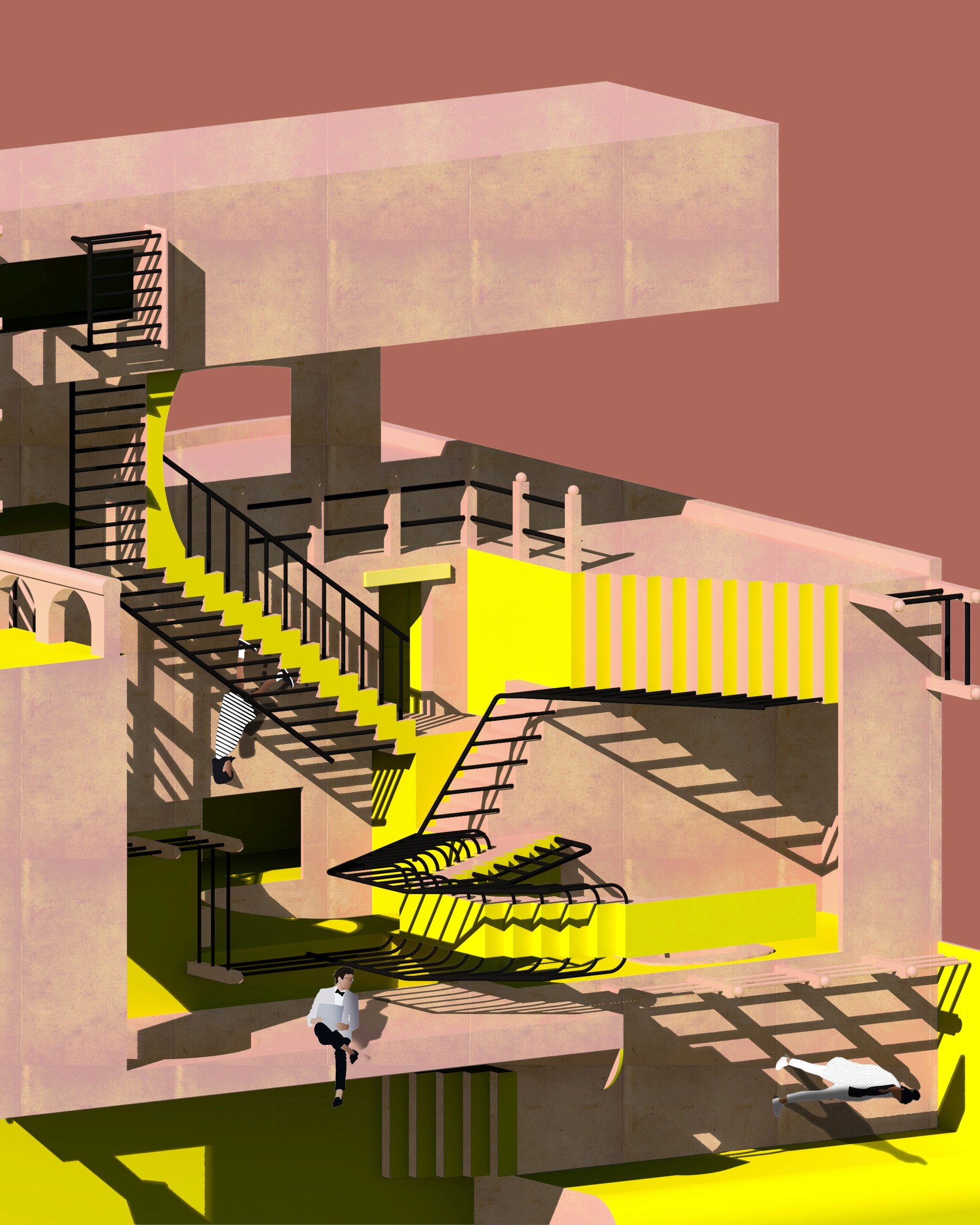 A man ascending a flight of stairs in a maze, determined and focused on reaching the top.