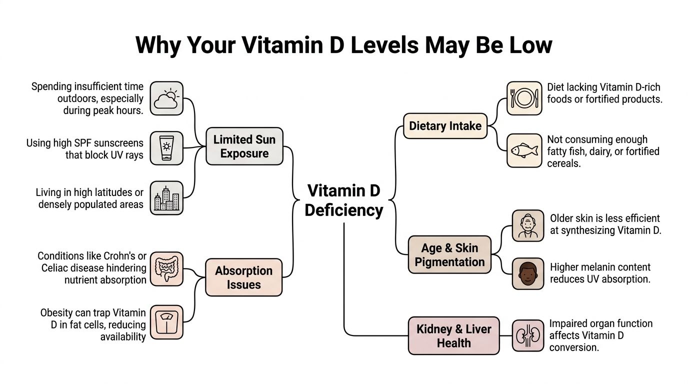 A diagram explaining various causes for Vitamin D deficiency including sun exposure, diet, age, and health.