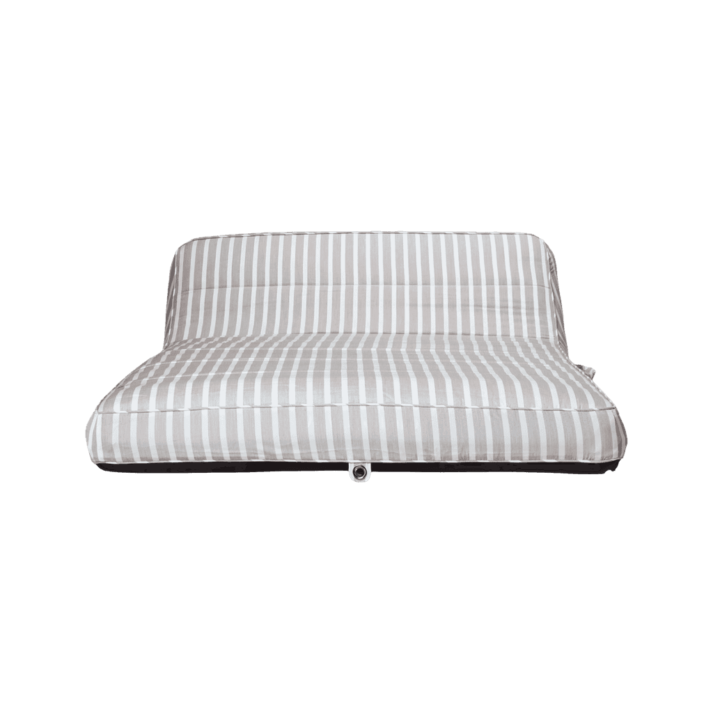 Luxury double pool float in beige-and-white stripe canvas with quilted panels and jet-black base