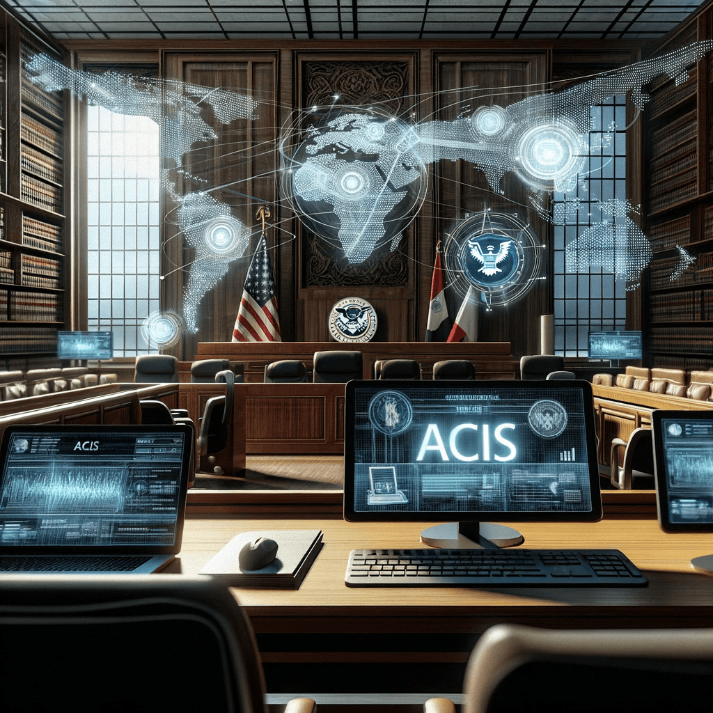 A contemporary courtroom featuring advanced digital screens displaying the ACIS EOIR Justice Gov website, symbolizing the integration of technology in immigration law proceedings.