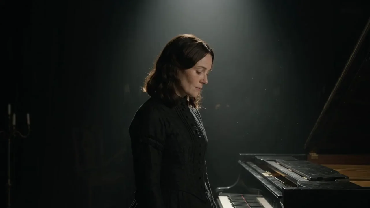 Ada as Hedda Gabler at the piano under a spotlight