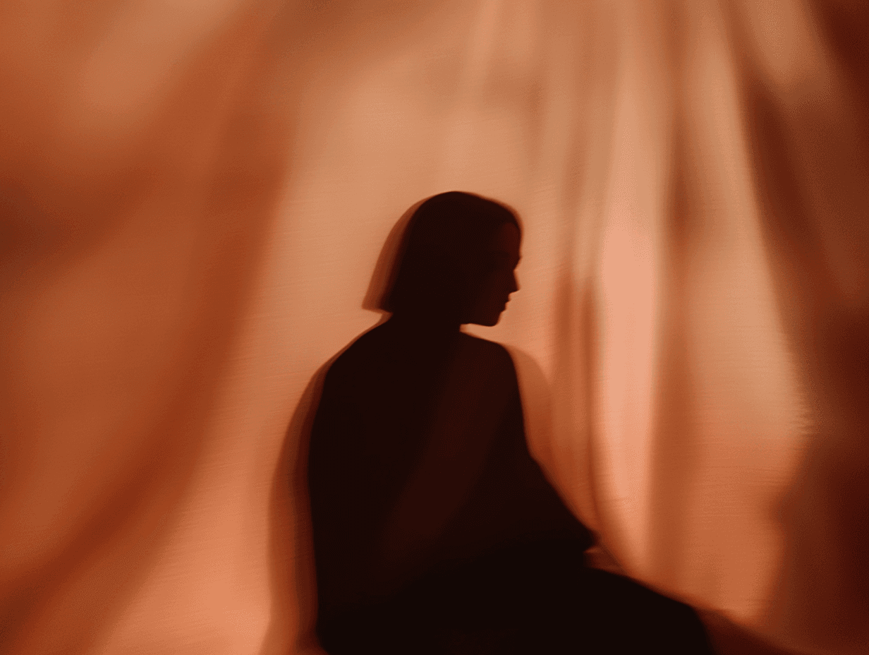 Silhouette of a woman against a dark brown silk background.