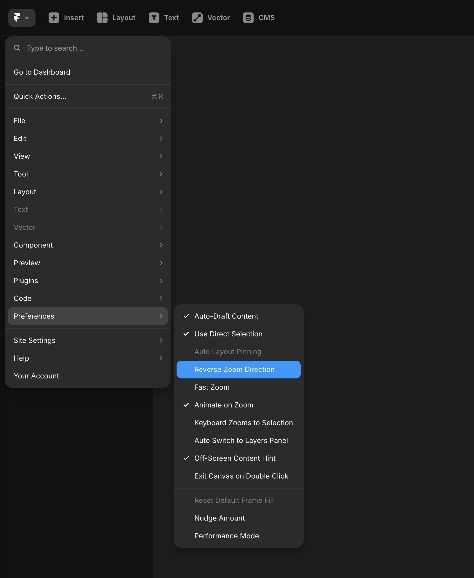 显示偏好设置中的下拉菜单。