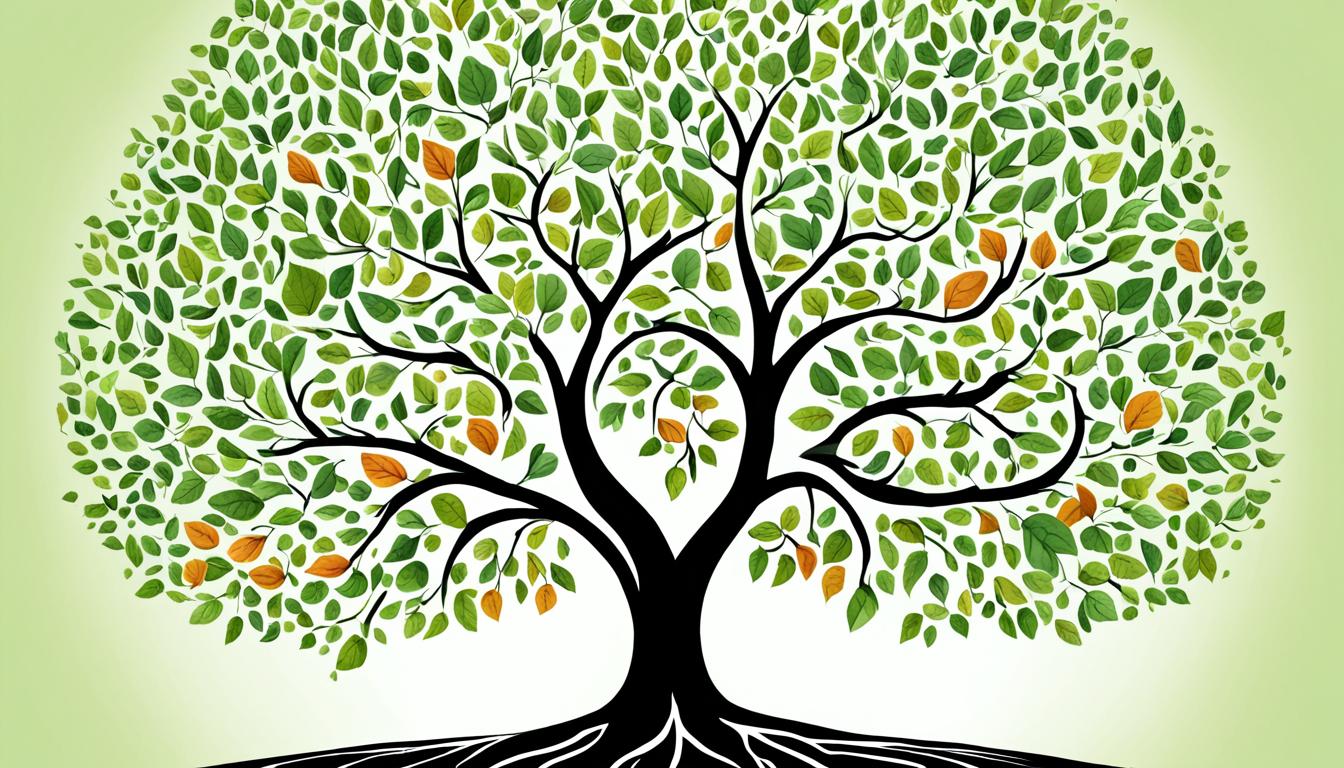 An image of a tree growing with the roots representing the foundational aspects for organic social media growth, and the branches representing the different platforms used to reach target audiences. The branches should have leaves in various colors representing engagement and growth on each platform. Above the tree, there should be a sun shining down, representing visibility and influence.