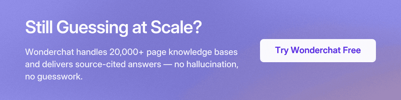 Still Guessing at Scale? Wonderchat handles 20,000+ page knowledge bases and delivers source-cited answers — no hallucination, no guesswork. Try Wonderchat Free