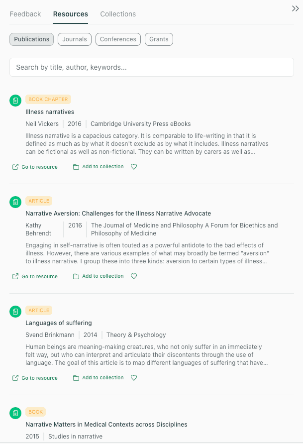 thesify Resources panel showing peer-reviewed source suggestions with venue, year, summary, and links
