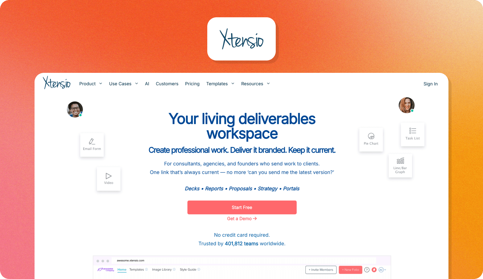 Xtensio homepage showing the tagline "Your living deliverables workspace" with options for decks, reports, proposals, strategy, and portals