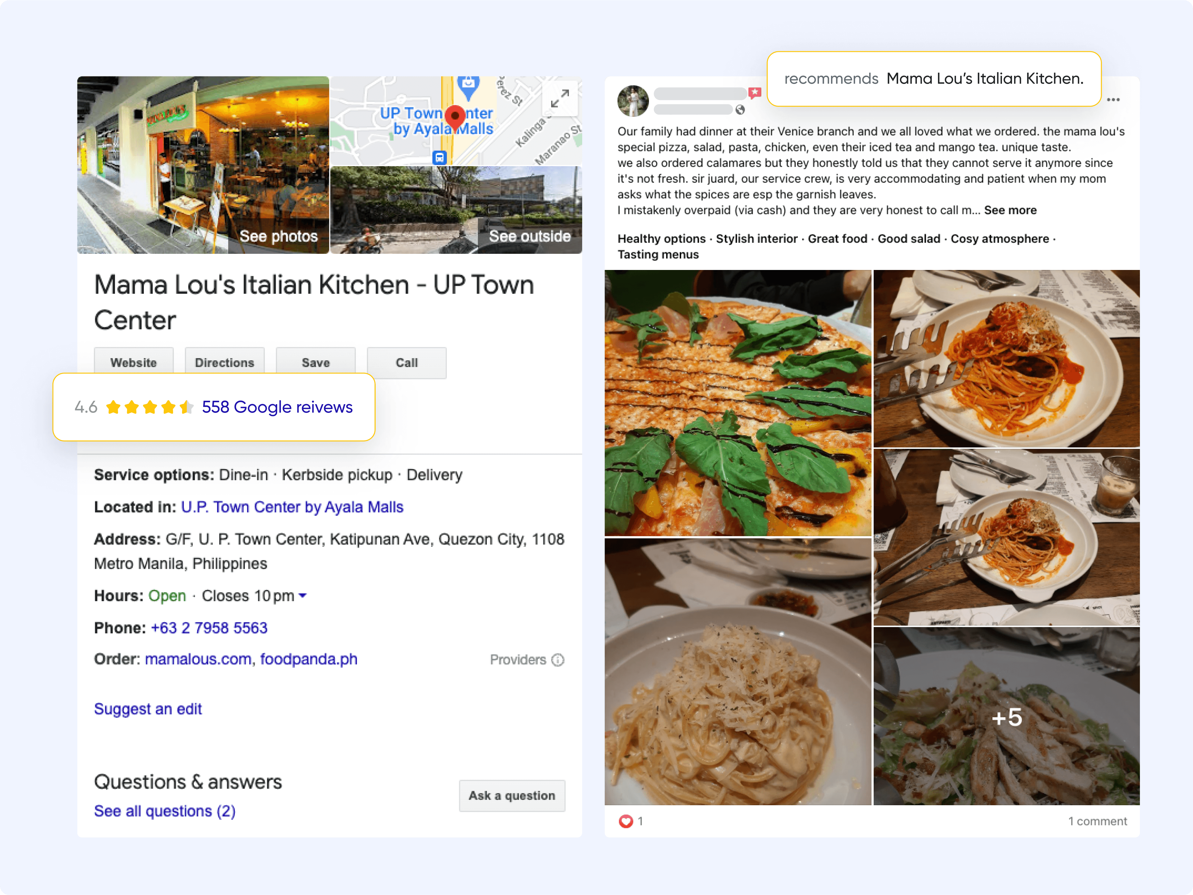 Near-Perfect 5-Star Reviews for Mama Lou's on Google and Facebook