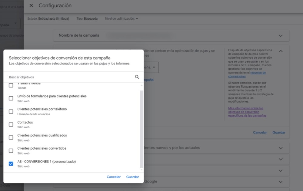 seleccionar los objetivos personalizados en Google Ads