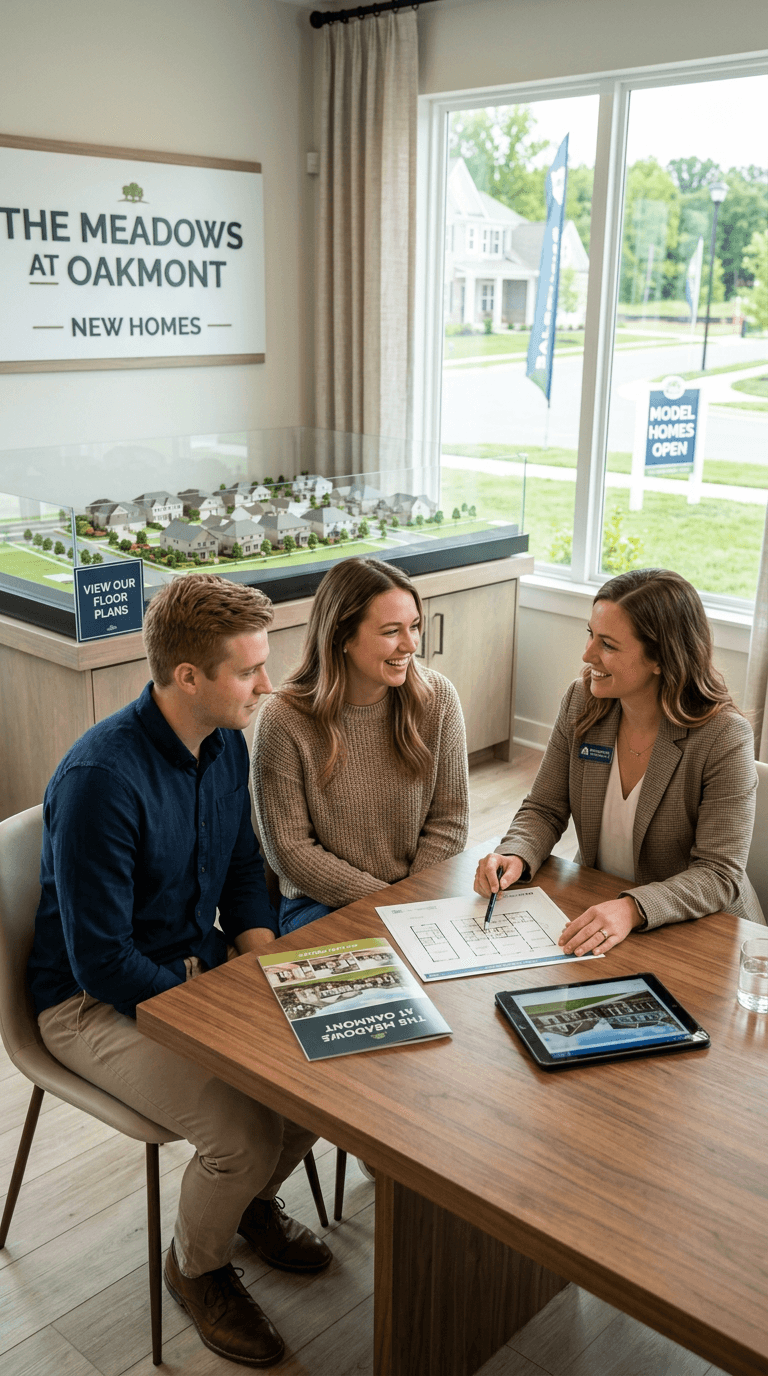 Sales agent reviewing paperwork and a tablet with a couple at The Meadows at Oakmont sales office