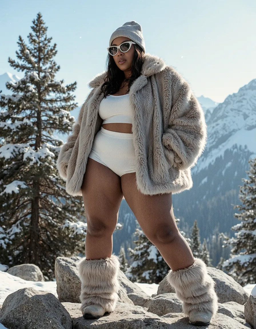Fashion photography in snowy mountains featuring plush fur coat, white two-piece outfit, winter boots and stylish winter accessories