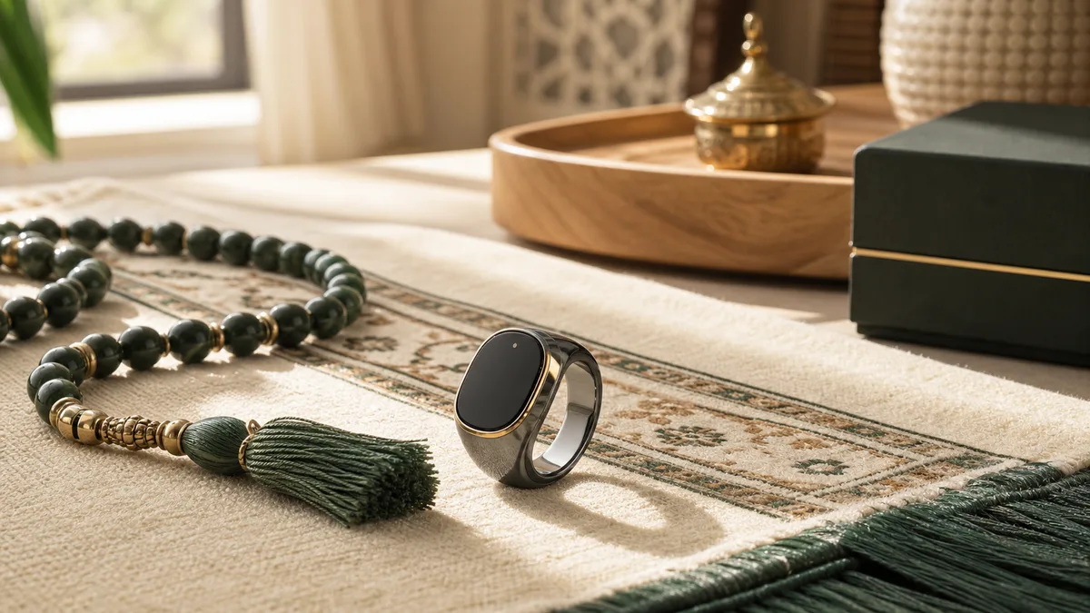 Smart tasbih ring beside misbaha beads on a warm prayer mat for a 2026 faith jewelry guide