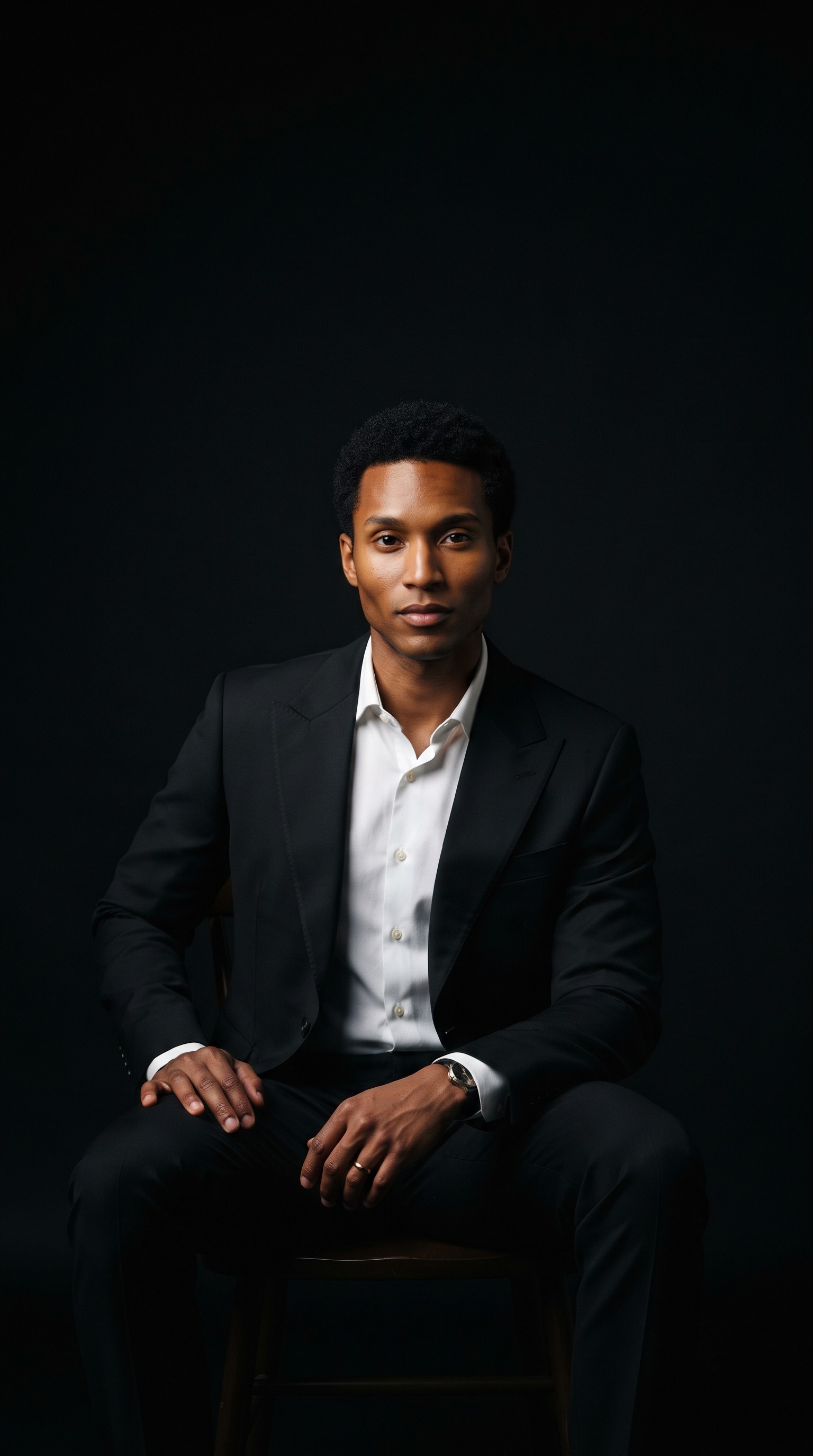 Young man, clean shaved with a plain black suit