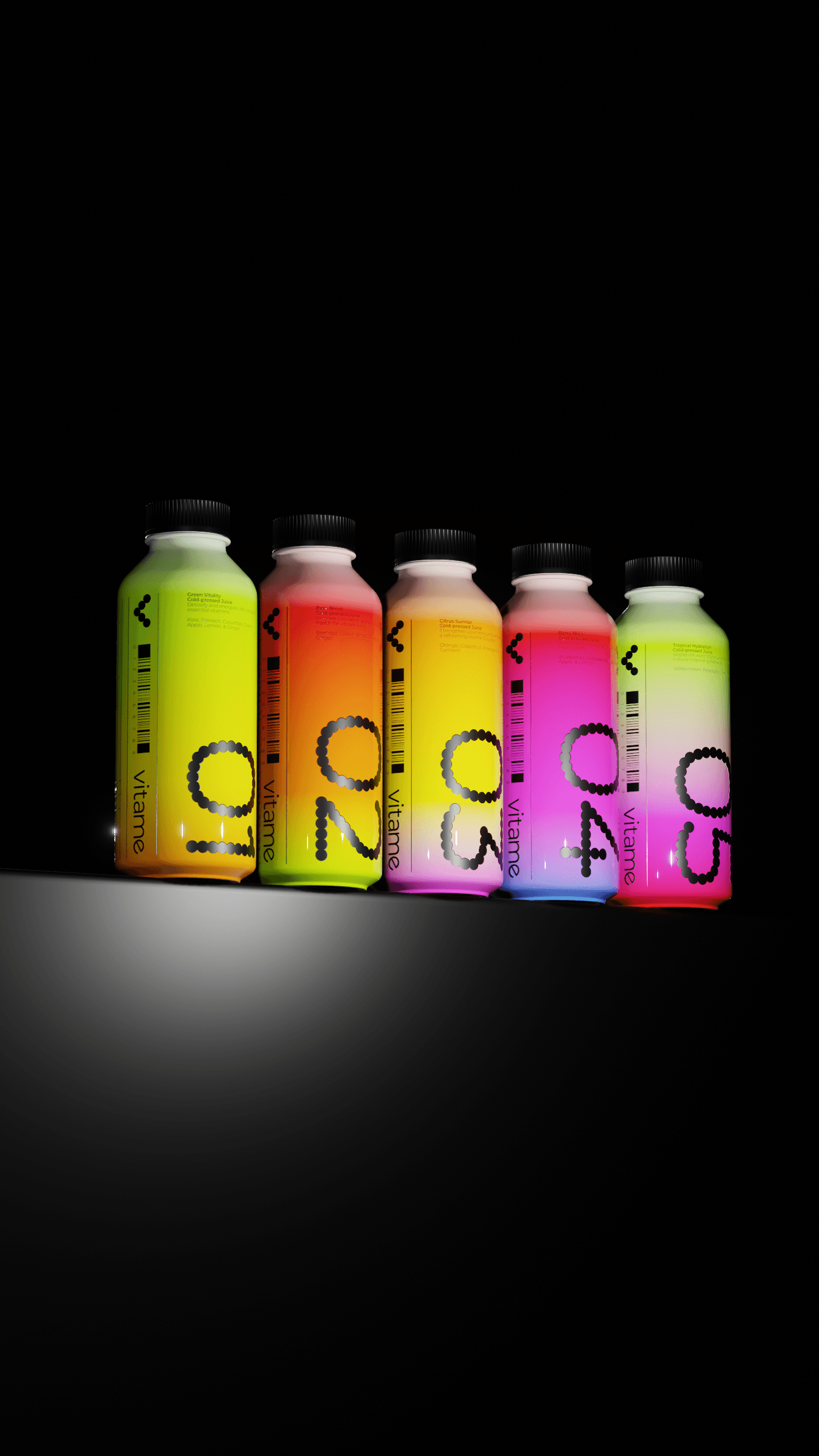 Five vibrantly colored juice bottles placed next to each other on a ledge.