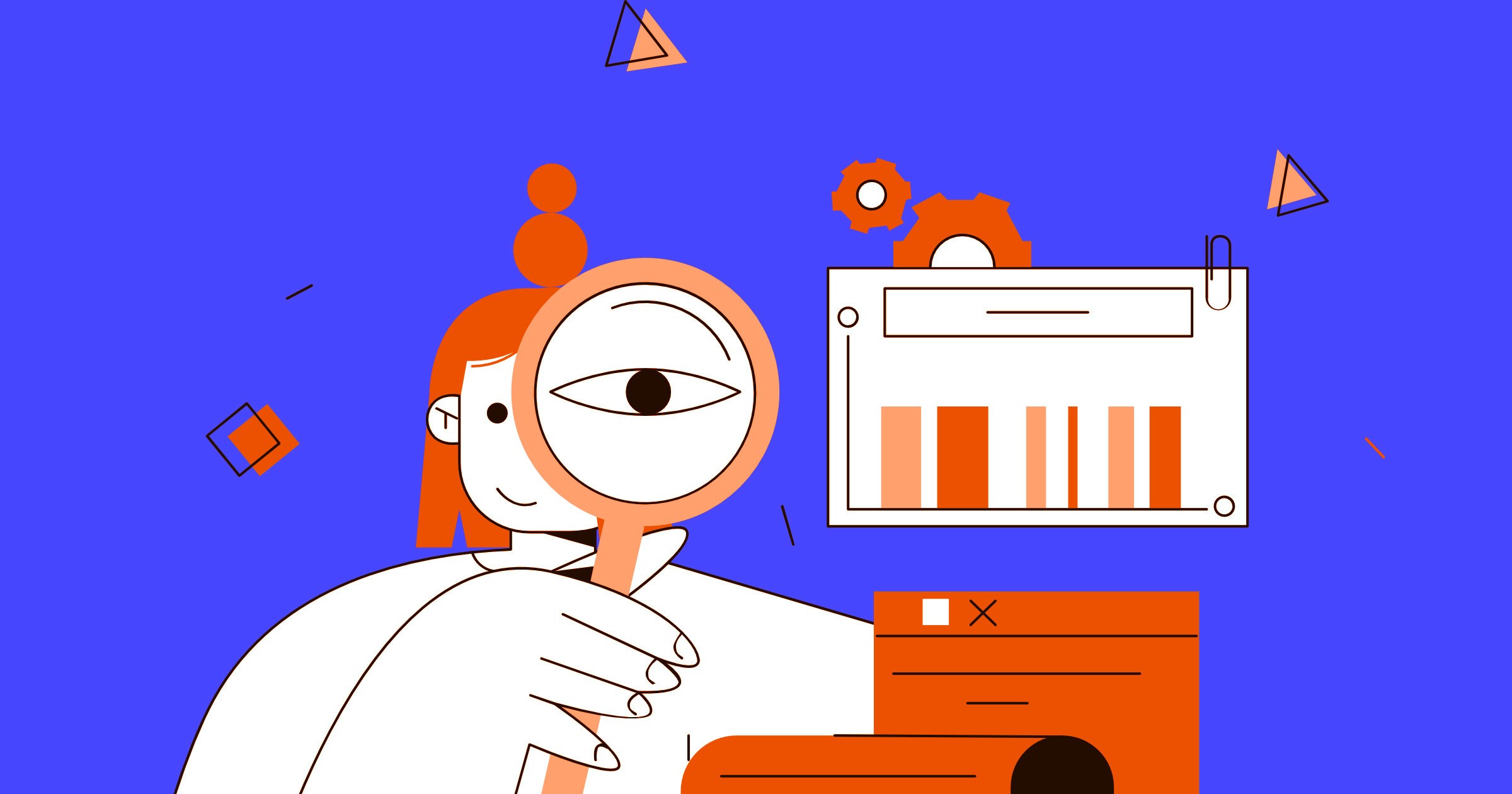 Illustration of a person holding a large magnifying glass with an eye inside it, inspecting data charts and analytics icons. The scene features bright orange and blue colors, with abstract geometric shapes floating around, representing analysis and sanctions screening concepts.