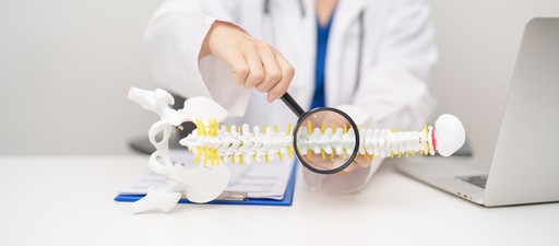 doctor holding a up a model spine to show a concern