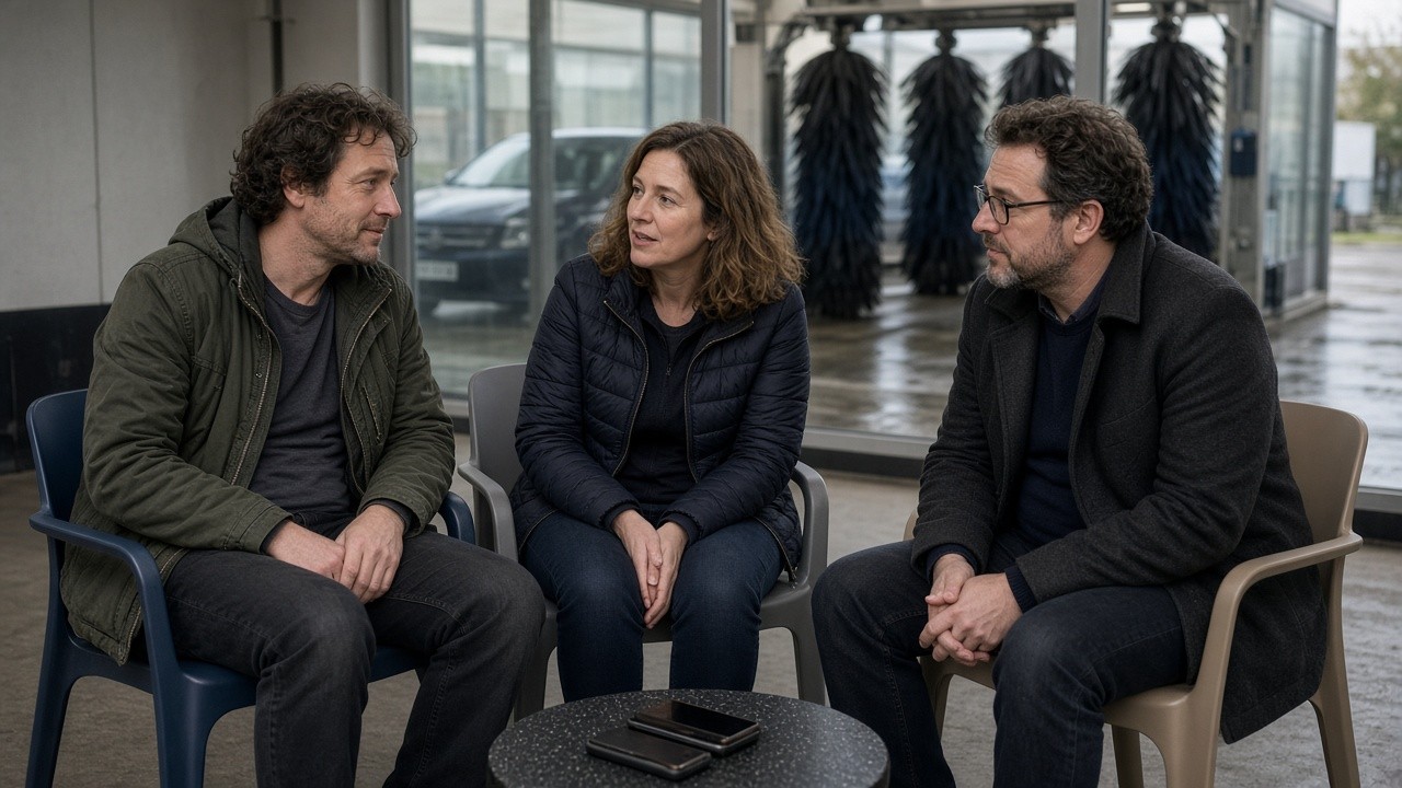 This image shows three adults seated in a semi-circle indoors, engaged in what appears to be a serious and focused discussion. Two men and a woman are sitting on plastic chairs around a small black table with two smartphones placed on it. The setting includes large windows providing natural light, and the background suggests an industrial or utilitarian space. The body language and attentive expressions indicate an intimate, supportive conversation, which could be representative of a therapy group, support meeting, or family discussion session.