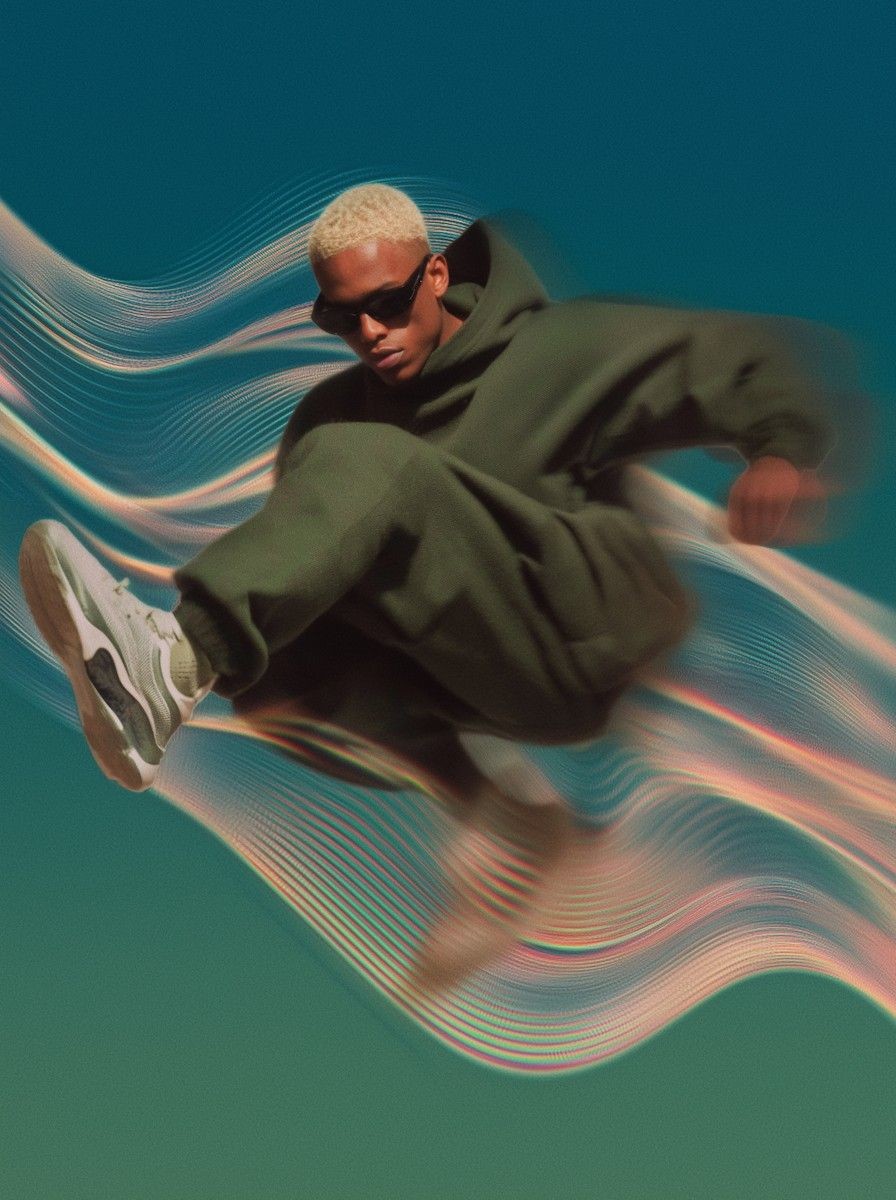 A person in a dynamic action pose, wearing a green hoodie and sneakers, is captured mid-air against an abstract background with swirling lines, suggesting motion and energy.
