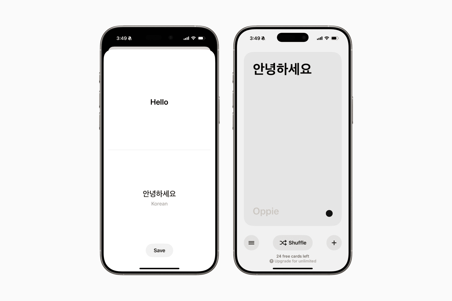 2 phone screens of Oppie flashcards app