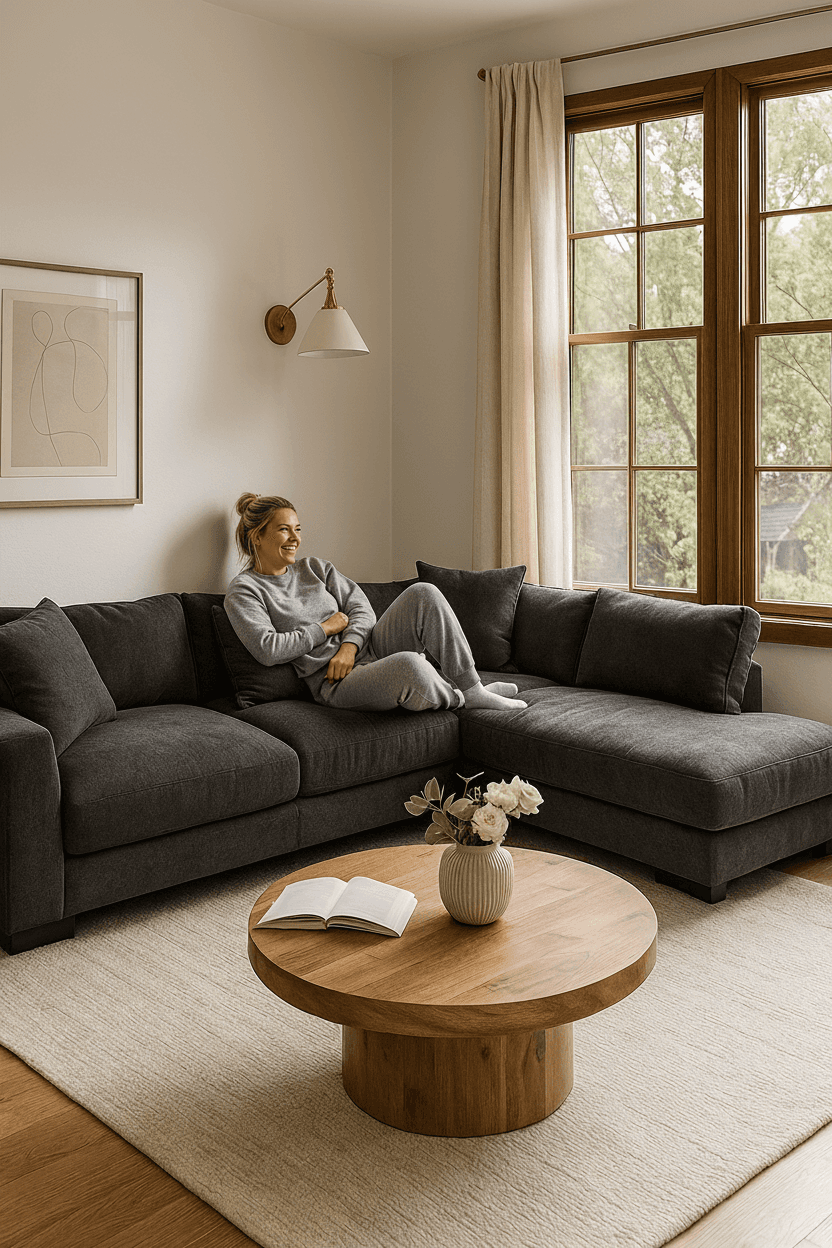 Smiling young woman with long hair standing against a dark green background, holding a finger to her chin.