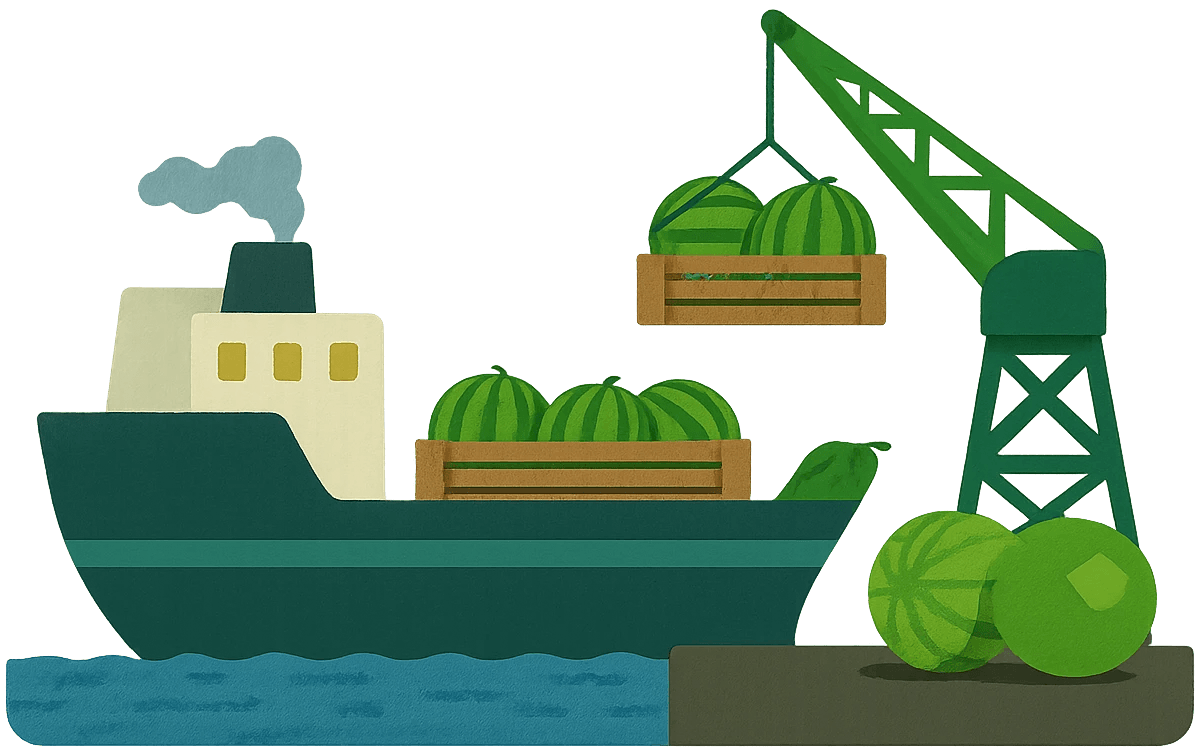 Ein Containerschiff wird in Costa Rica mit Wassermelonen beladen