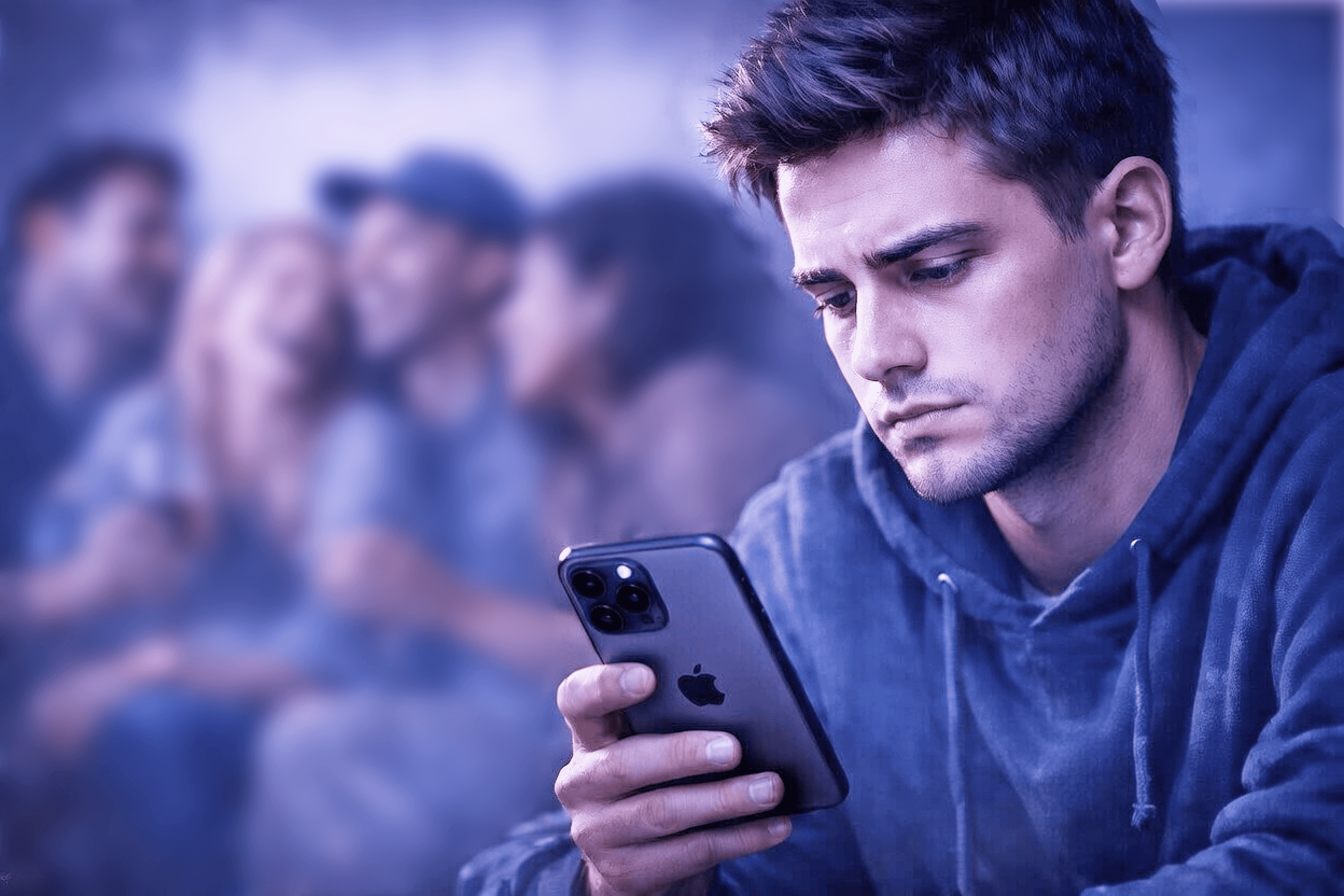 Young man scrolling on his phone alone while a group of friends socialize in the background