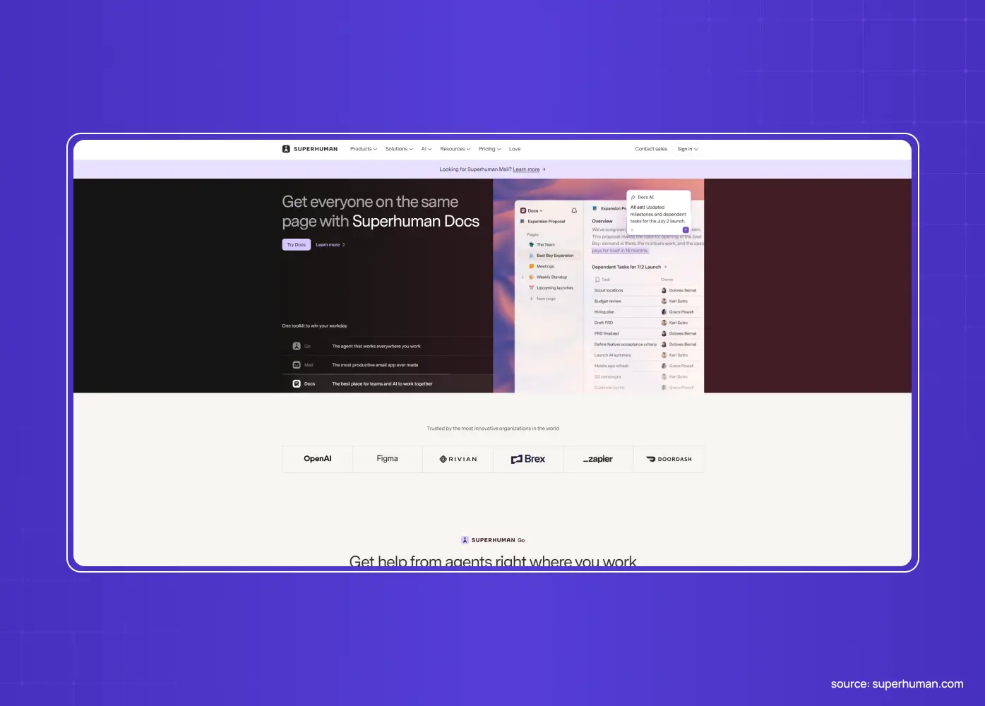 Superhuman Docs website featuring a documentation interface and the headline “Get everyone on the same page with Superhuman Docs.”