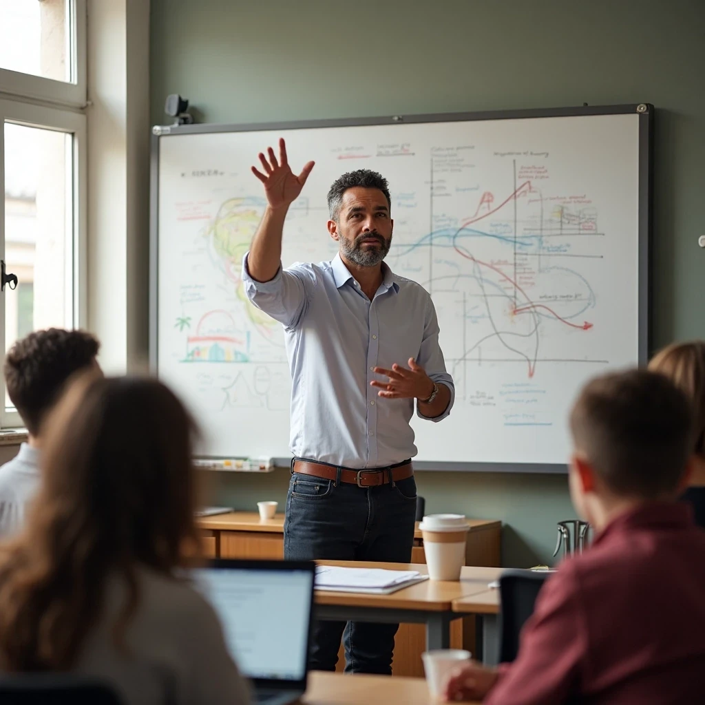 Formateur expliquant un concept avec les mains dans une salle vide