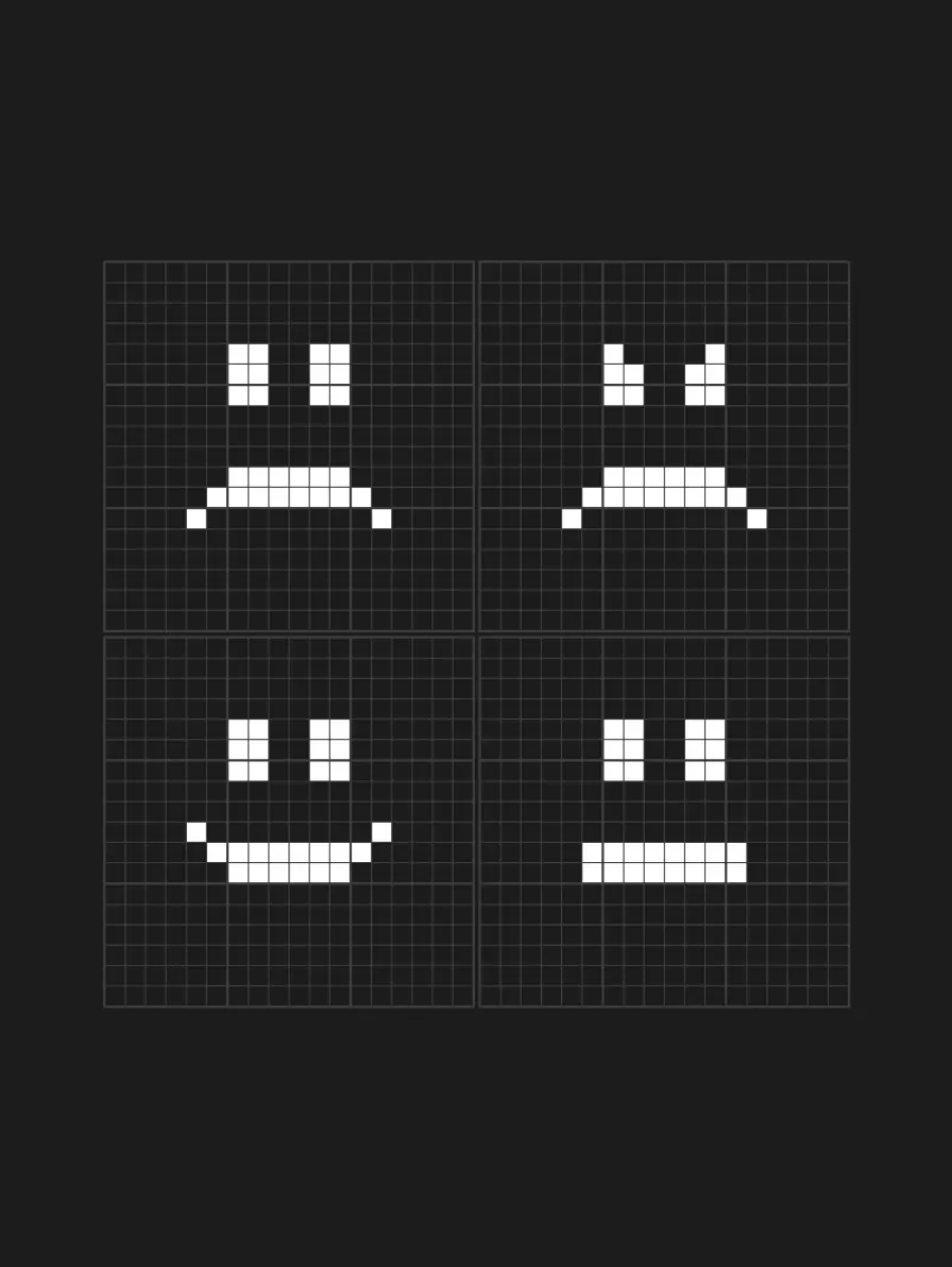 Four pixel faces: neutral, sad, happy, neutral.
