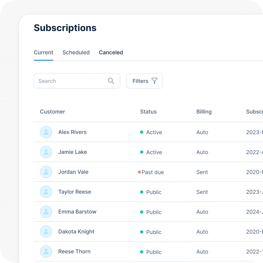 Abonnementverwaltungs-Dashboard mit Kundennamen, Status, Abrechnungstypen und Abonnementdaten.