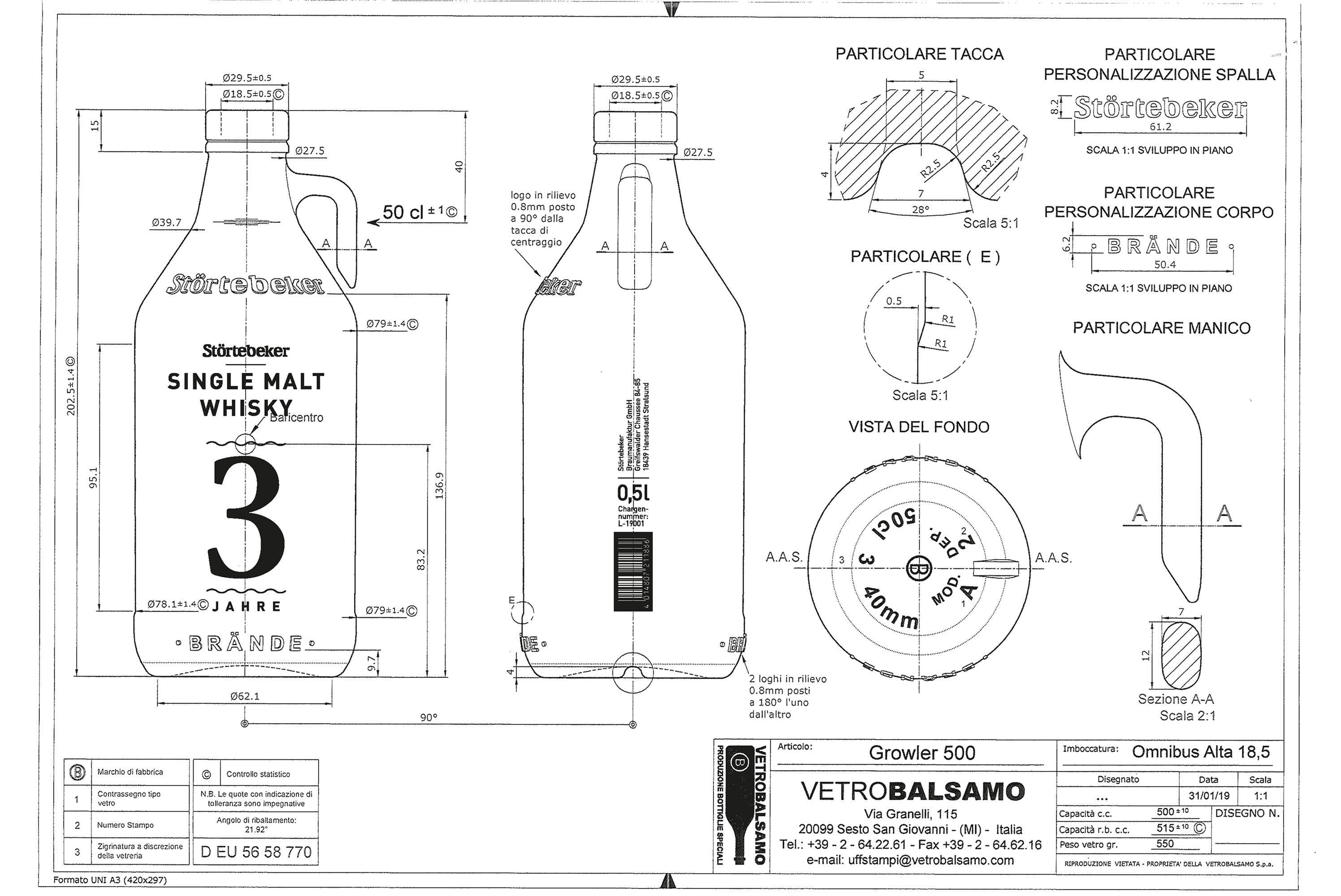 Technical drawing of a 50cl Störtebeker whisky bottle