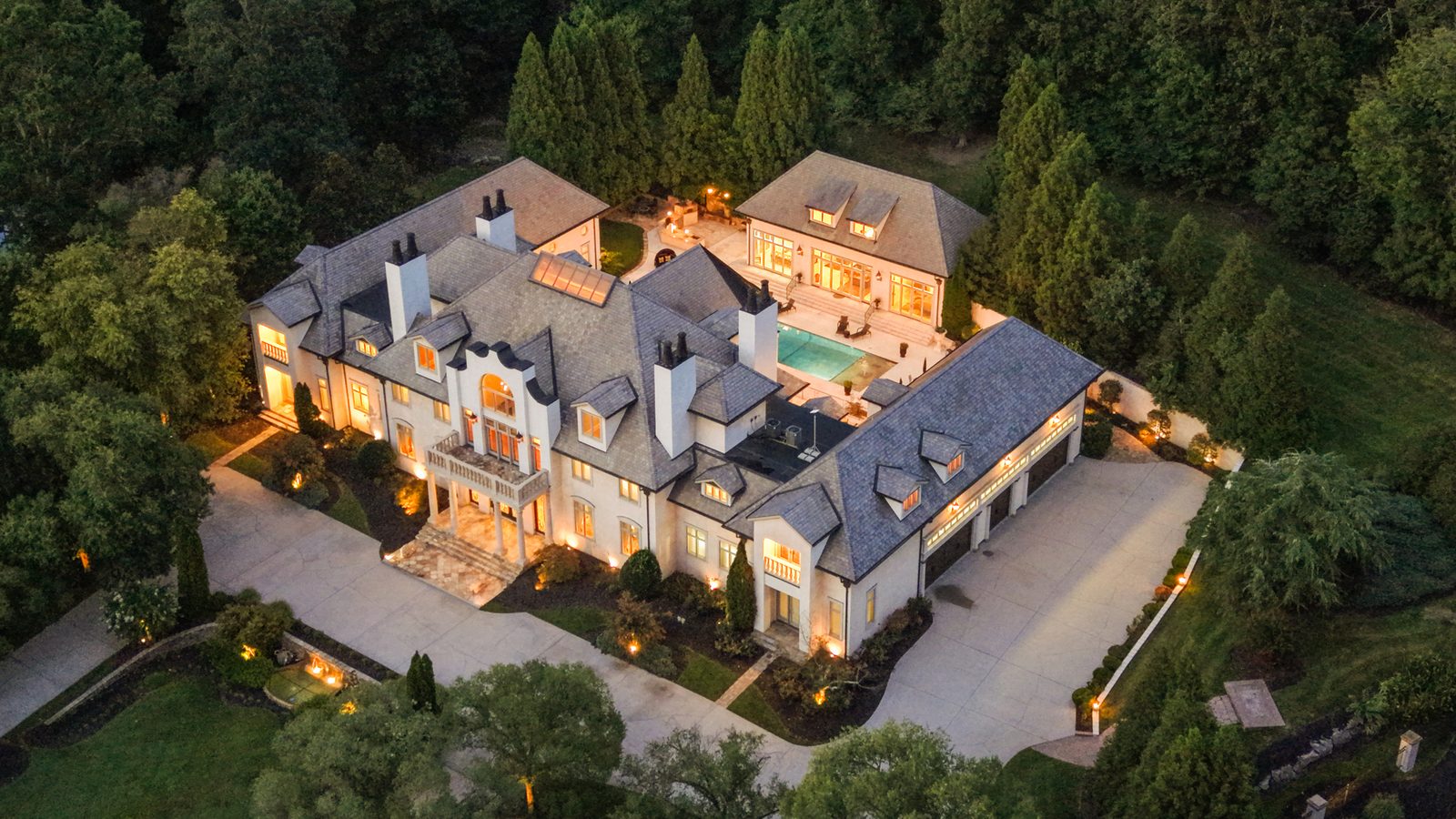 Twilight aerial of the whole compound