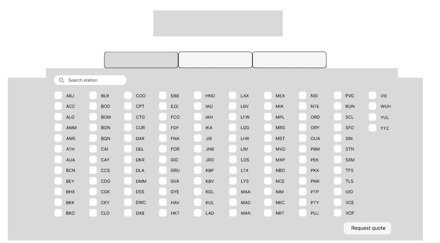 Low-fidelity request quote station selection screen