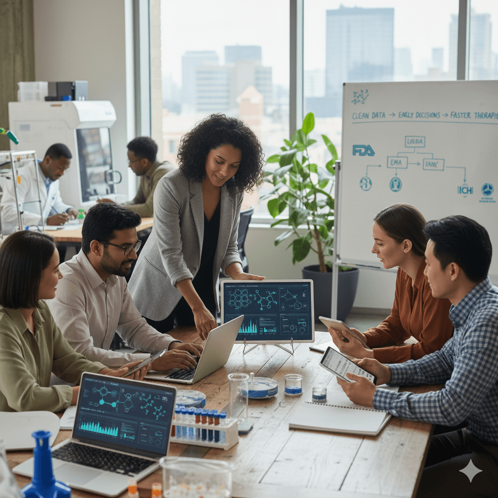 A diverse team of professionals collaborates in a modern, bright office, working with laptops displaying molecular structures and research data, reflecting the modernisation of biopharma R&D.