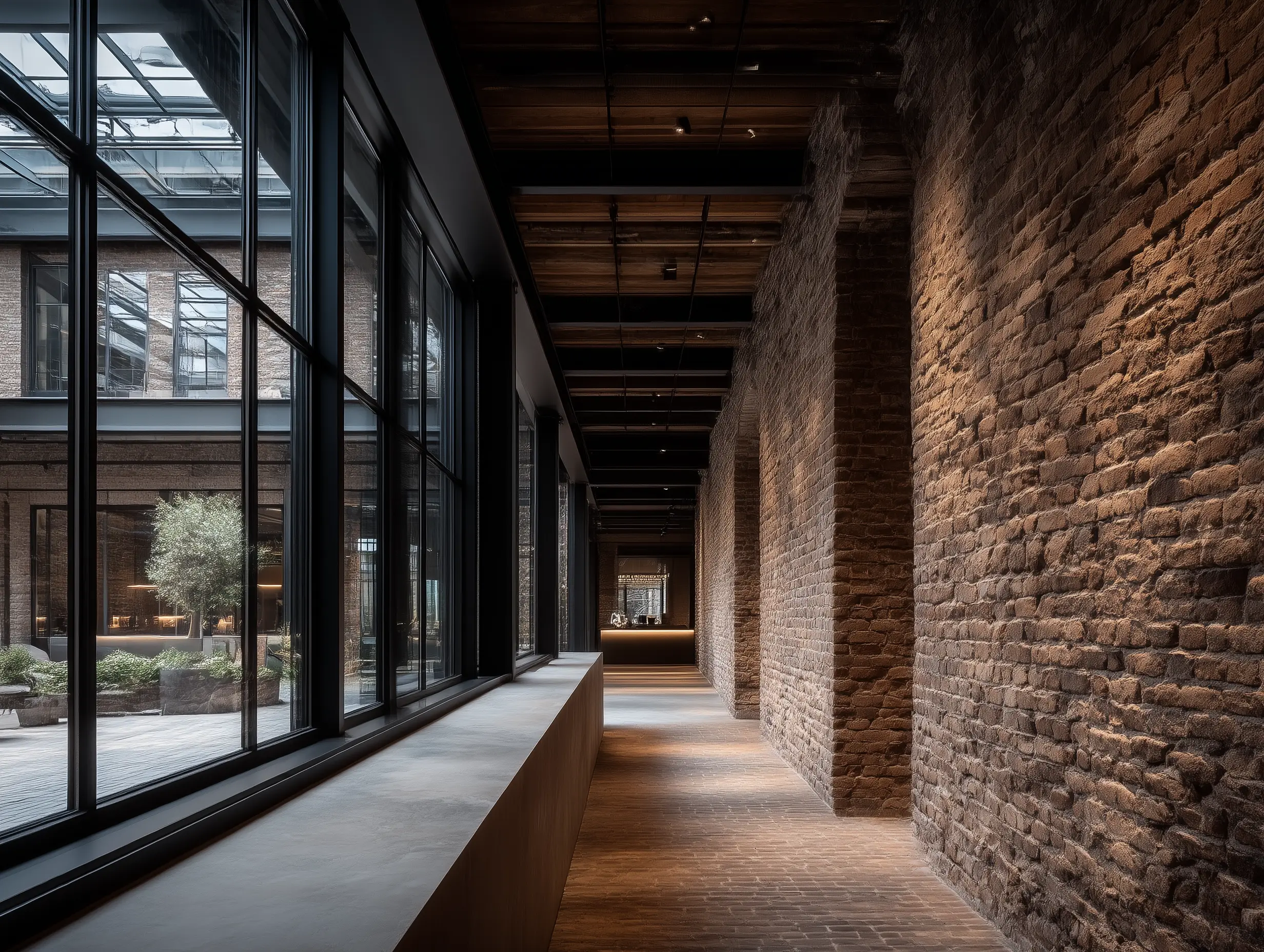 Industrial-style hallway with a textured brick wall, exposed wooden ceiling beams, and large windows facing a courtyard.
