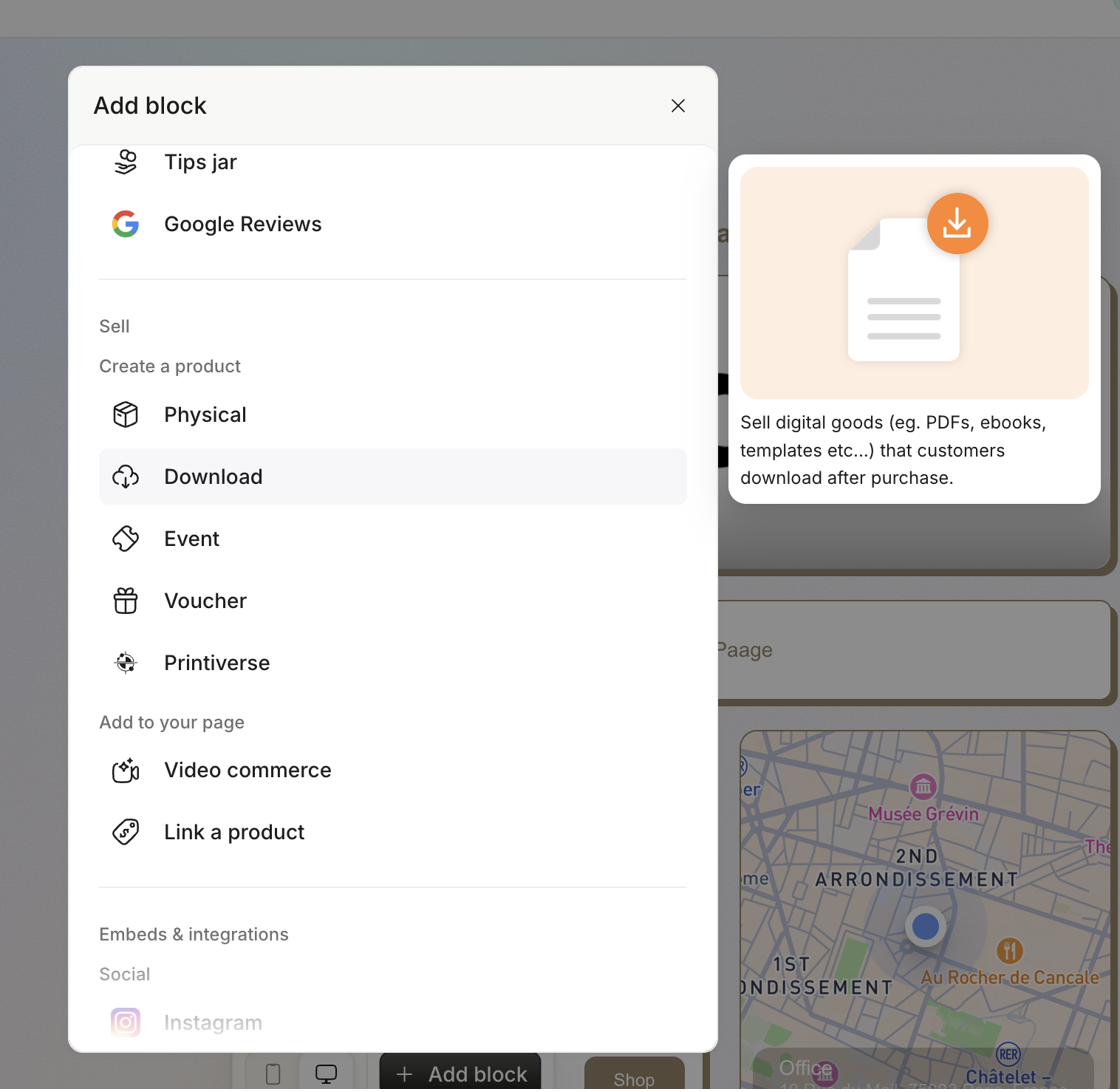 Adding a digital product block to a Paage page from the block picker menu