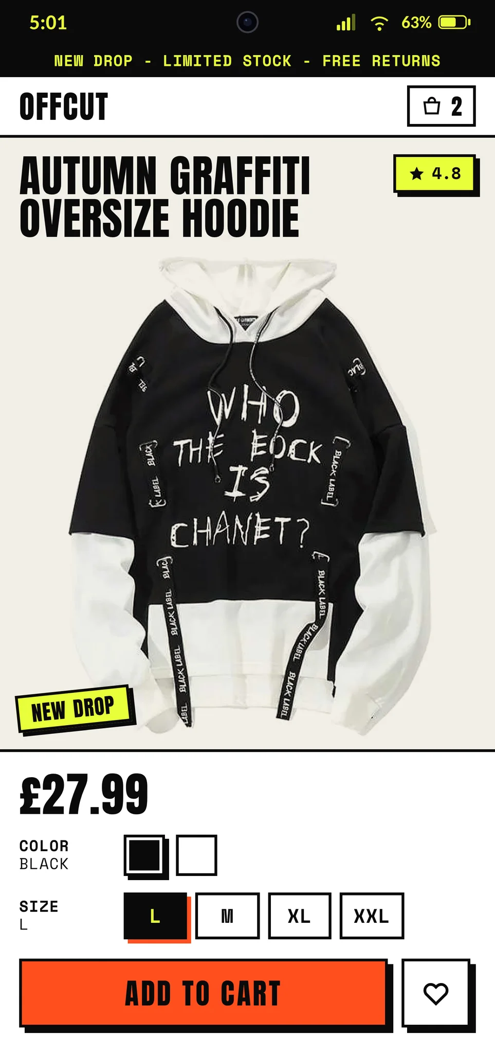 Shopify product page design for Offcut, an example streetwear store, shown on a phone