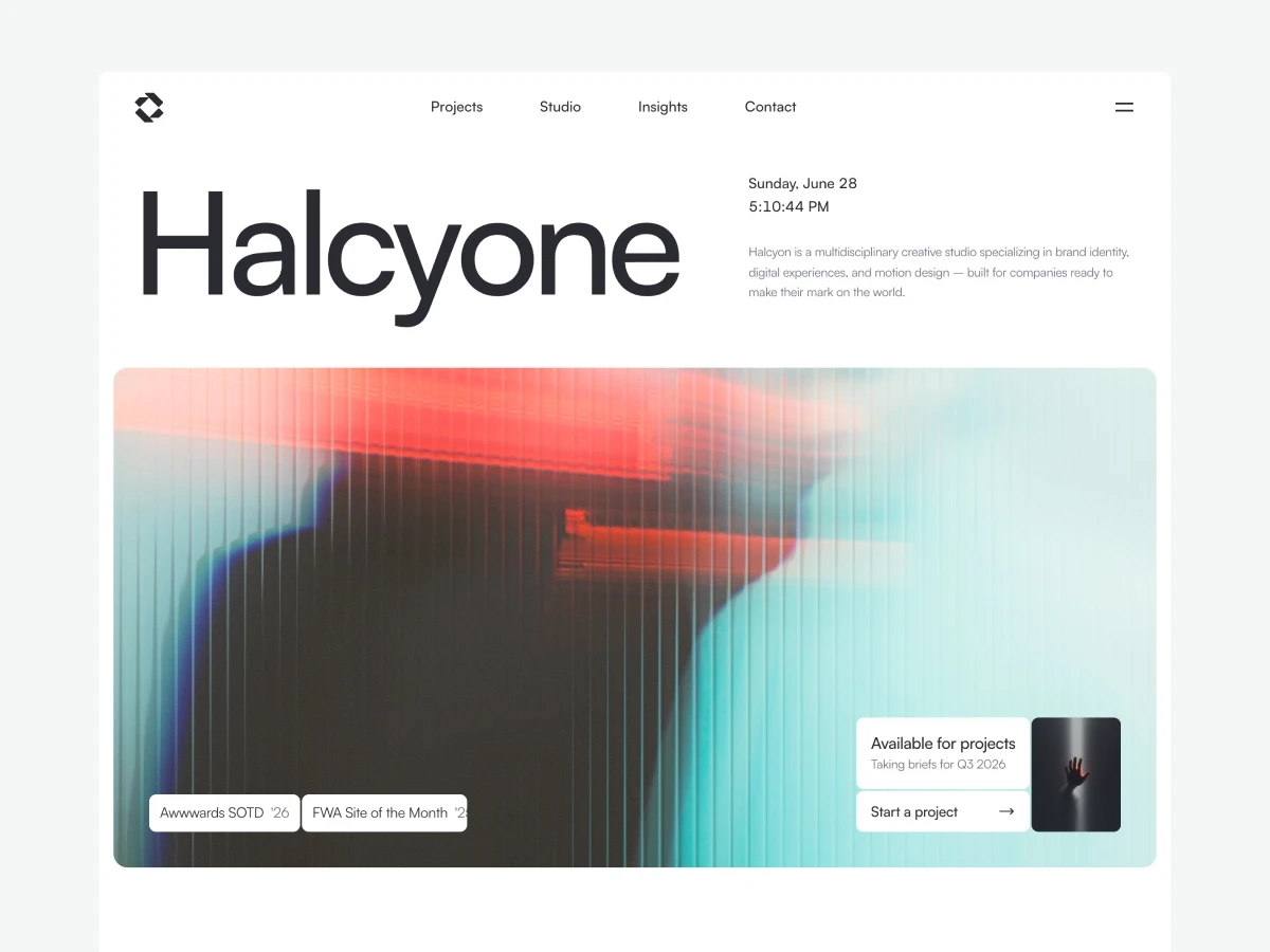 Halcyone Framer template homepage with light background and abstract red-teal glitch banner image