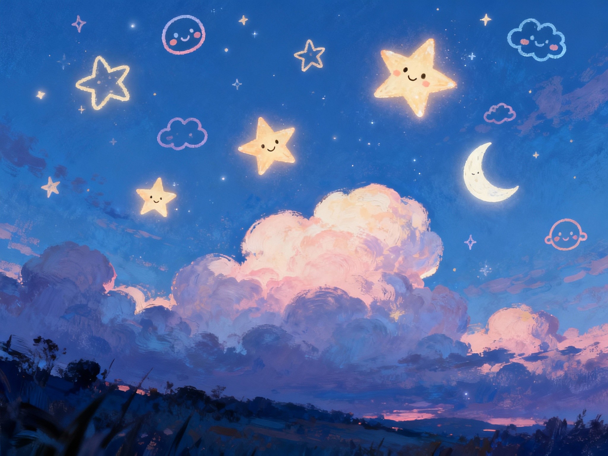 An enchanting twilight wide landscape showcasing a dreamy sky filled with floating cute