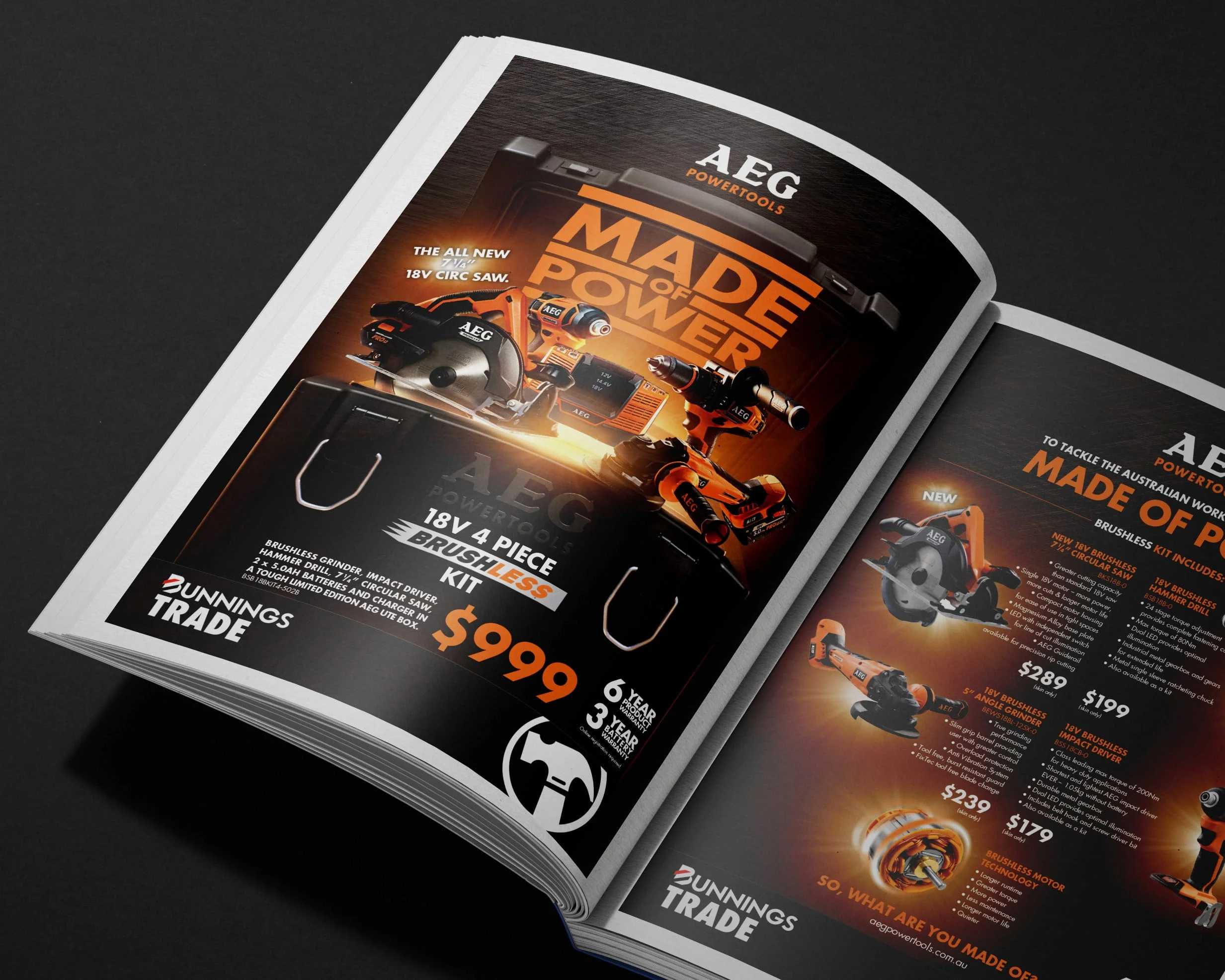 Magazine spread for AEG Powertools 'Made of Power', showing a $999 18V 4 piece brushless kit and Bunnings Trade branding