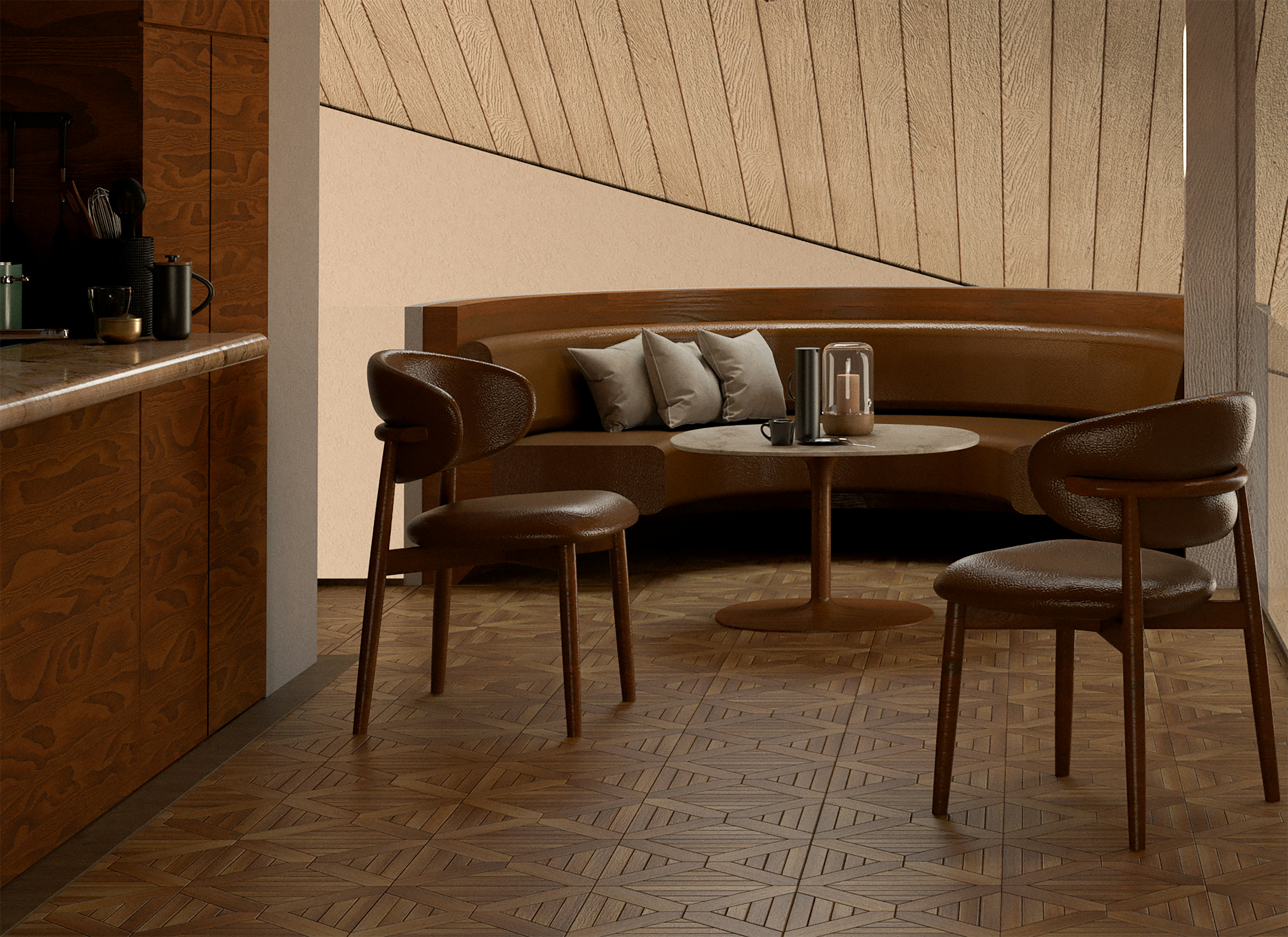 A living room filled with furniture next to a kitchen
