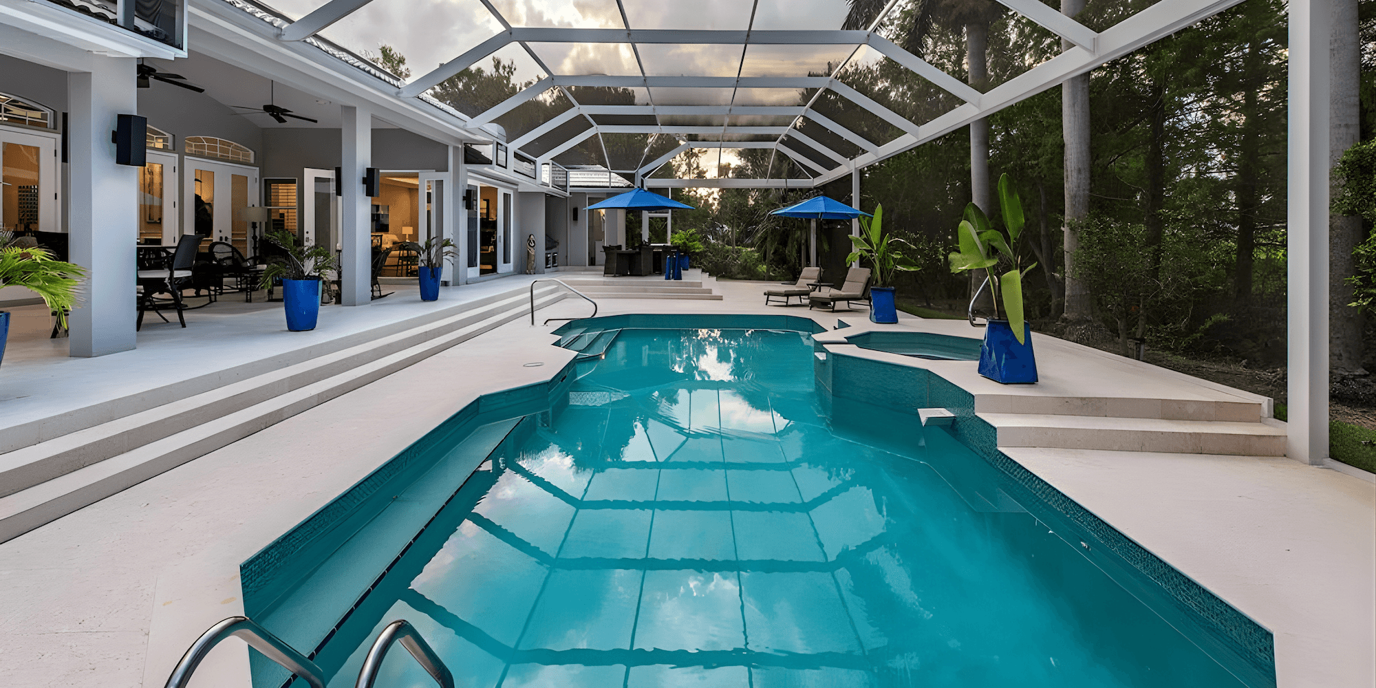 a large pool inside of a cage and open living area to the left