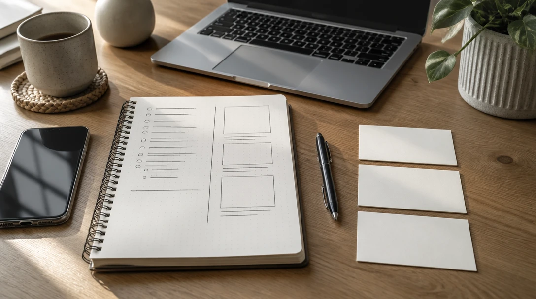 Blog outlines turned into short social drafts on a desk