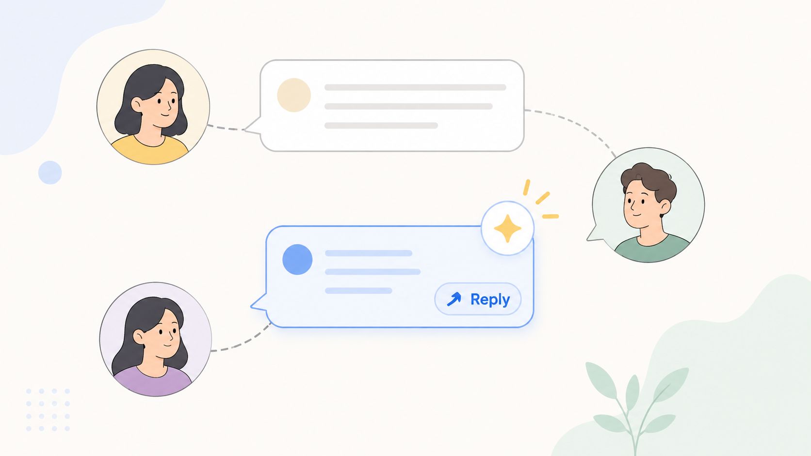 A digital illustration showing three people connecting through chat bubbles with a reply button on a screen.