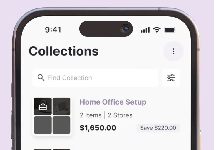 A screenshot of the Whisprice Collections screen showing a search bar and a "Home Office Setup" collection containing 2 items from 2 stores, with a total cost of $1,650 and $220 in savings.